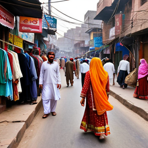 Home 15 **A bustling street scene in Lahore, Pakistan, with vibrant colors and traditional clothing. Focus on the energy and detail of everyday life.**