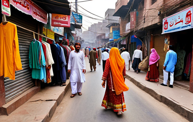 **A bustling street scene in Lahore, Pakistan, with vibrant colors and traditional clothing. Focus on the energy and detail of everyday life.**