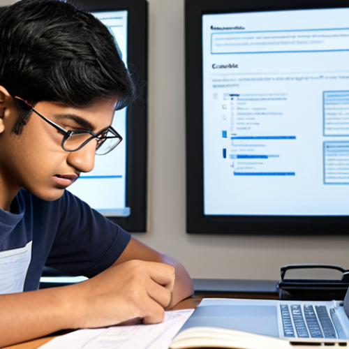 Home 14 A focused, determined South Asian student (gender neutral) intently studying at a desk. Their laptop screen displays a complex web search interface with multiple open tabs and windows, symbolizing the vastness of online information and diverse search results. Surrounding them are abstract, subtle representations of data streams, knowledge clouds, and question marks, conveying the depth of an information search exam. On the desk, an open book or document with "Syllabus" or "Exam Prep" visible, emphasizing the foundational learning. The lighting is soft, creating a calm yet industrious atmosphere, reflecting the journey of understanding and critical thinking required for the exam.