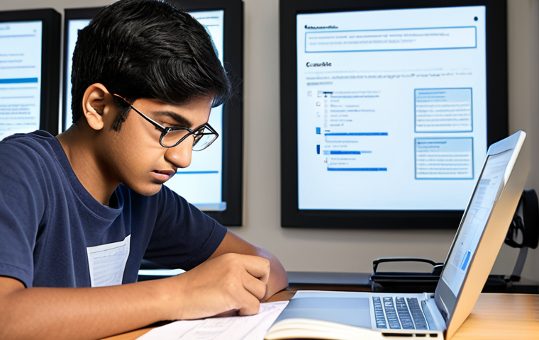 A focused, determined South Asian student (gender neutral) intently studying at a desk. Their laptop screen displays a complex web search interface with multiple open tabs and windows, symbolizing the vastness of online information and diverse search results. Surrounding them are abstract, subtle representations of data streams, knowledge clouds, and question marks, conveying the depth of an information search exam. On the desk, an open book or document with "Syllabus" or "Exam Prep" visible, emphasizing the foundational learning. The lighting is soft, creating a calm yet industrious atmosphere, reflecting the journey of understanding and critical thinking required for the exam.