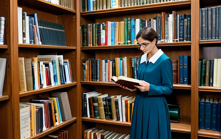 A Librarian at Work**
"A professional female librarian in a modest dress, assisting a student in a well-lit library, surrounded by bookshelves, fully clothed, appropriate attire, safe for work, perfect anatomy, natural proportions, professional photography, high quality, family-friendly."
**