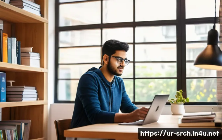 인터넷정보검색 필기와 실기 학습의 효과적인 연결법 - A cozy modern home office scene showing a young South Asian man in modest casual attire sitting at a...