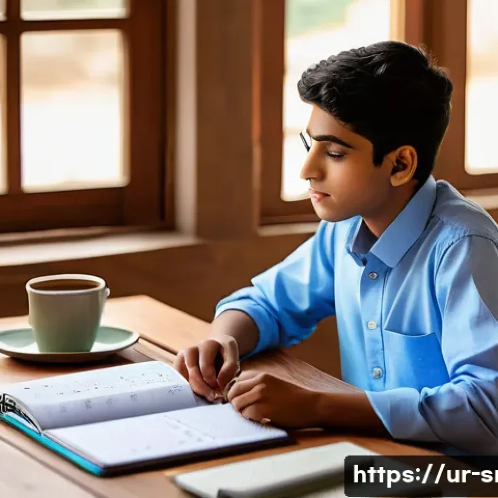 인터넷정보검색 필기 시험 준비를 위한 효율적인 팁 - A serene morning study scene featuring a young South Asian student in modest, neat attire sitting at...