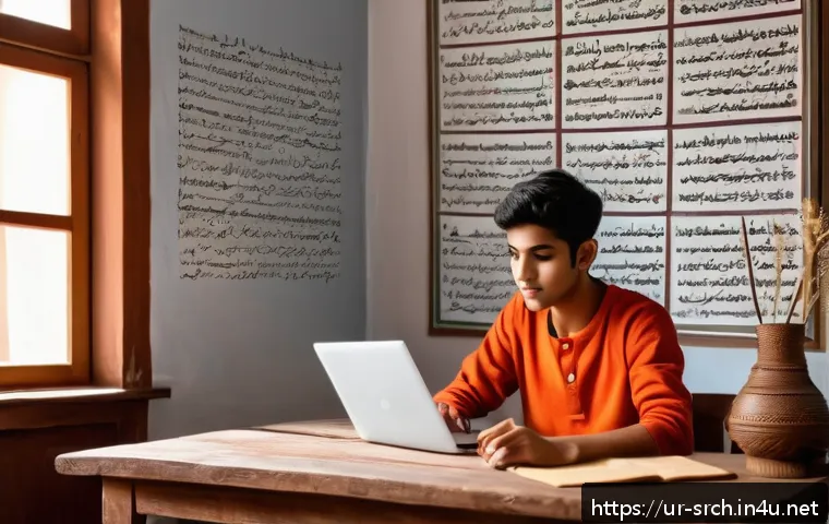 인터넷정보검색 필기 시험에서 출제된 주요 개념 정리 - A focused young South Asian student sitting at a traditional wooden desk in a cozy, well-lit room de...